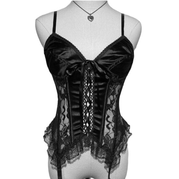 Vintage Seductive Wear by Cinema Etoile Black Satin Lace Corset Bustier L - Picture 4 of 12